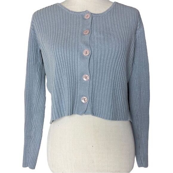 Y2K Blue Button Up Cropped Sweater Cardigan Shirt - Picture 1 of 8
